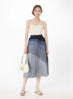 保罗彼得专柜同款女子夏季中腰拼接A字百褶条纹显瘦裙子MECB96480