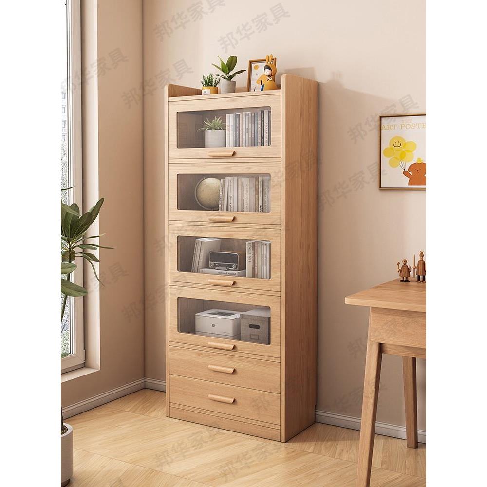 实木书柜防尘带玻璃门落地家用置物柜儿童收纳储物柜客厅展示书架
