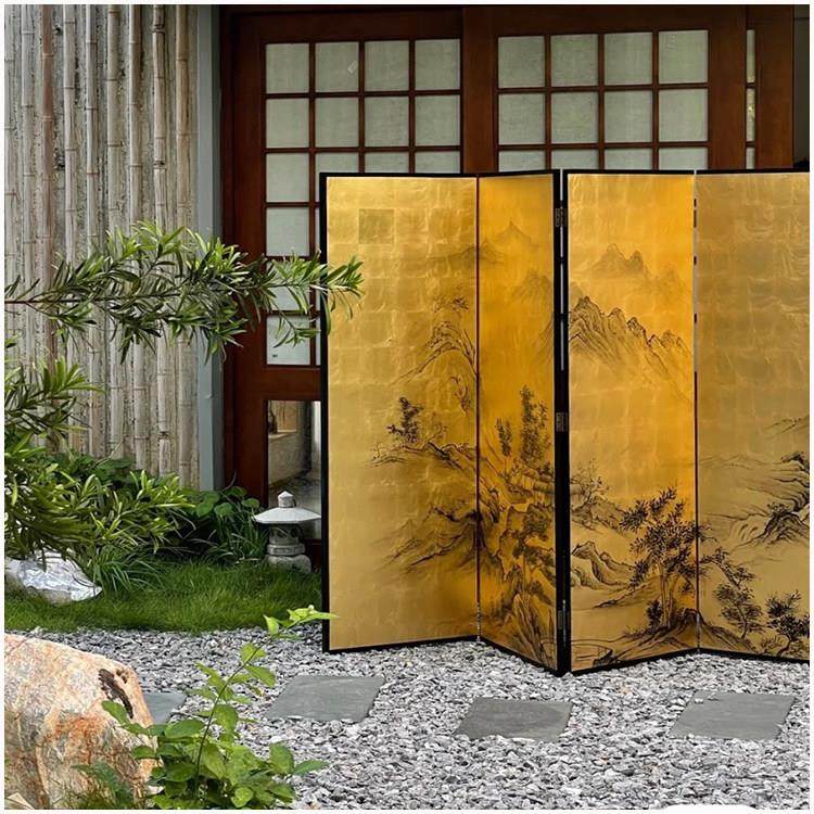 定制手绘山水漆画屏风客厅办公室折叠移动玄关中式金箔隔断背景墙