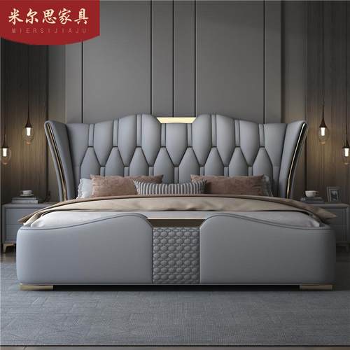 轻奢皮床意式真皮床现代简约双人床主卧1.8米2米极简软包床婚床