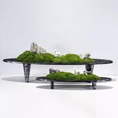 新中式 四脚椭圆船型金属盆永生苔藓绿植微景观玄关柜书房桌面摆件