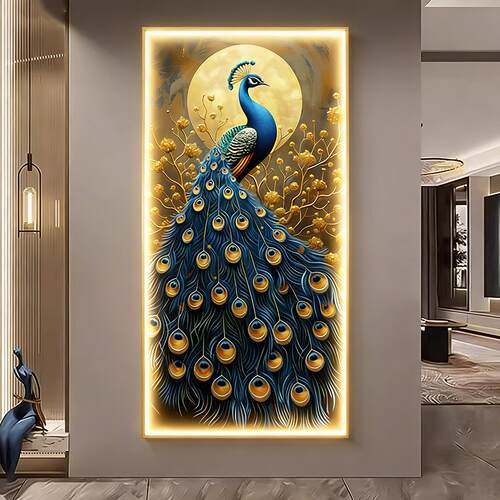 孔雀玄关入户正对门走廊背景墙挂画装饰画带灯led灯新中式可定制