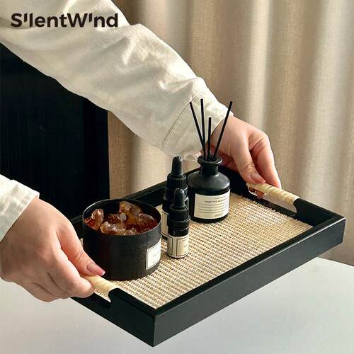 SilentWind寂风中式复古木质草编托盘摆件中古高级感民宿茶室茶盘