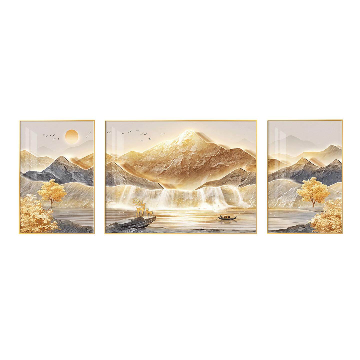 流水生财客厅三联装饰画轻奢高级感沙发背景墙挂画聚宝盆山水壁画