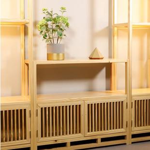 涵艺 新中式博古架展示柜客厅展示台实木两层矮柜带灯松木产品架
