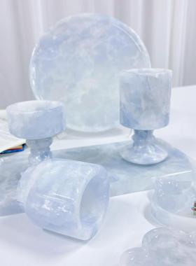冰川蓝水晶大理石桌面装饰天然石材托盘香薰烛台现代简约花瓶摆件