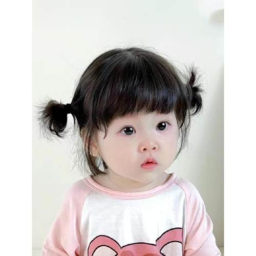 儿童假发女短发可爱婴儿双丸子头发型轻薄透气空气刘海拍照全头套