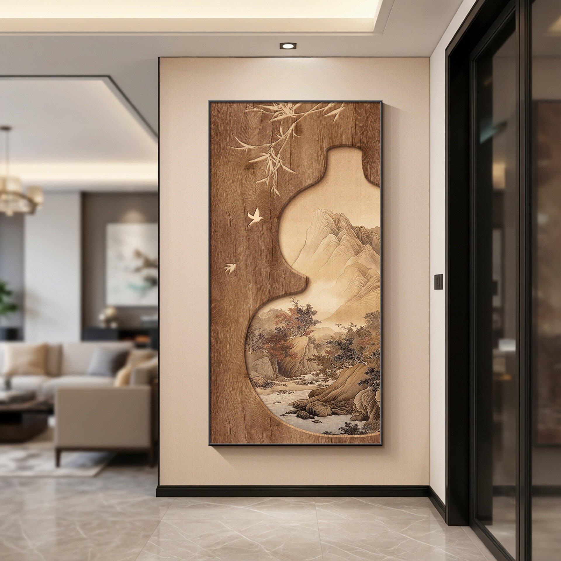 葫芦挂画玄关画入户正对门中式客厅走廊过道装饰画山水画竖版壁画