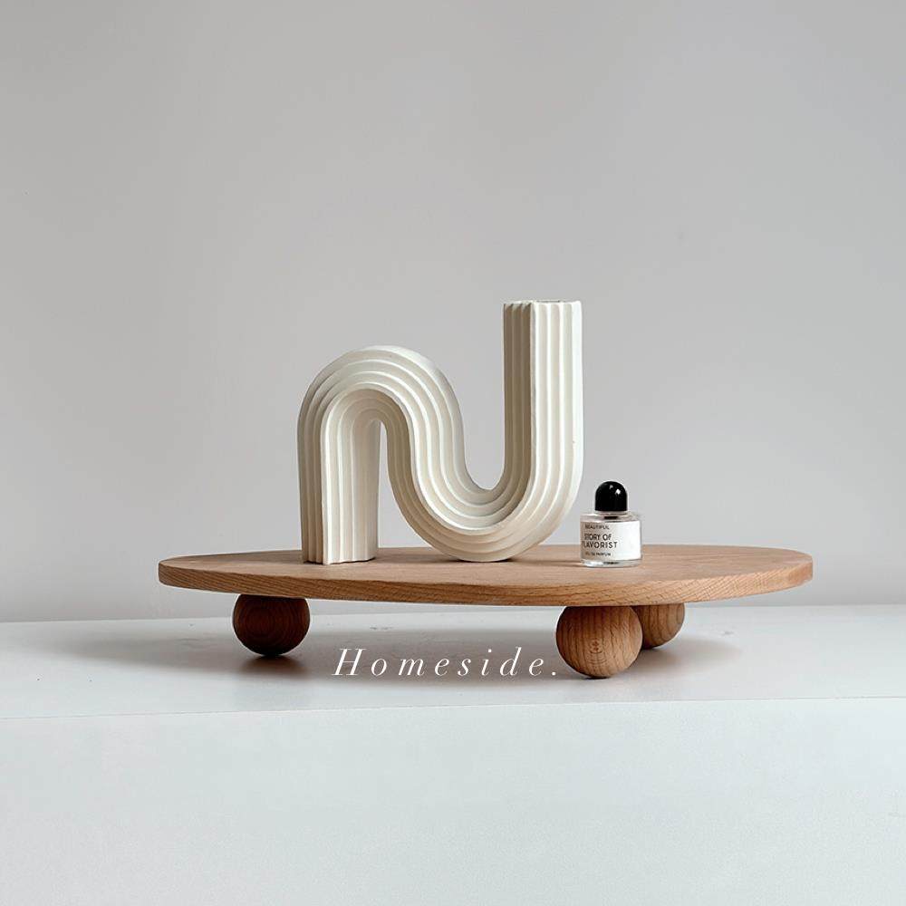 Homeside实木托盘ins北欧榉木面包餐盘圆球高脚木质香薰盘收纳盘