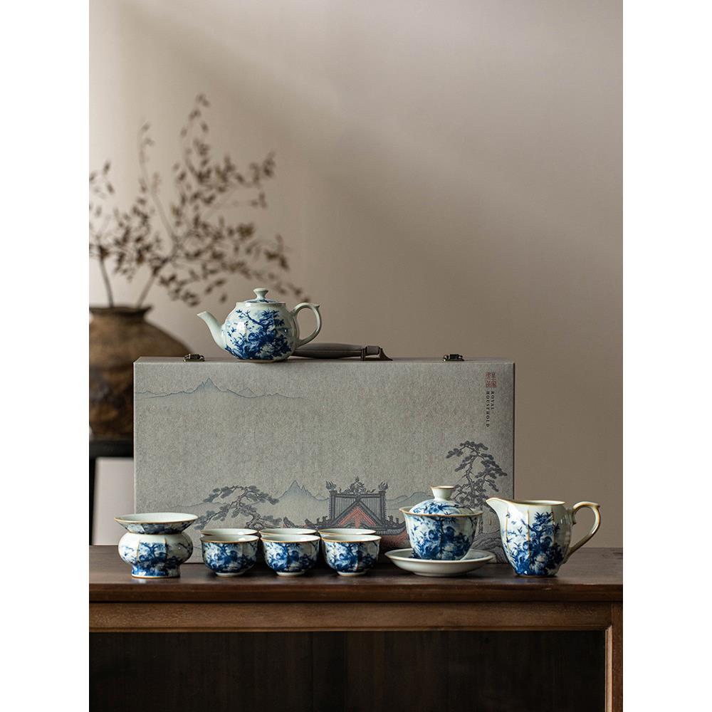 高档汝窑家庭制茶饮茶茶具,典雅的蓝白开件,可配套方便的豪华有