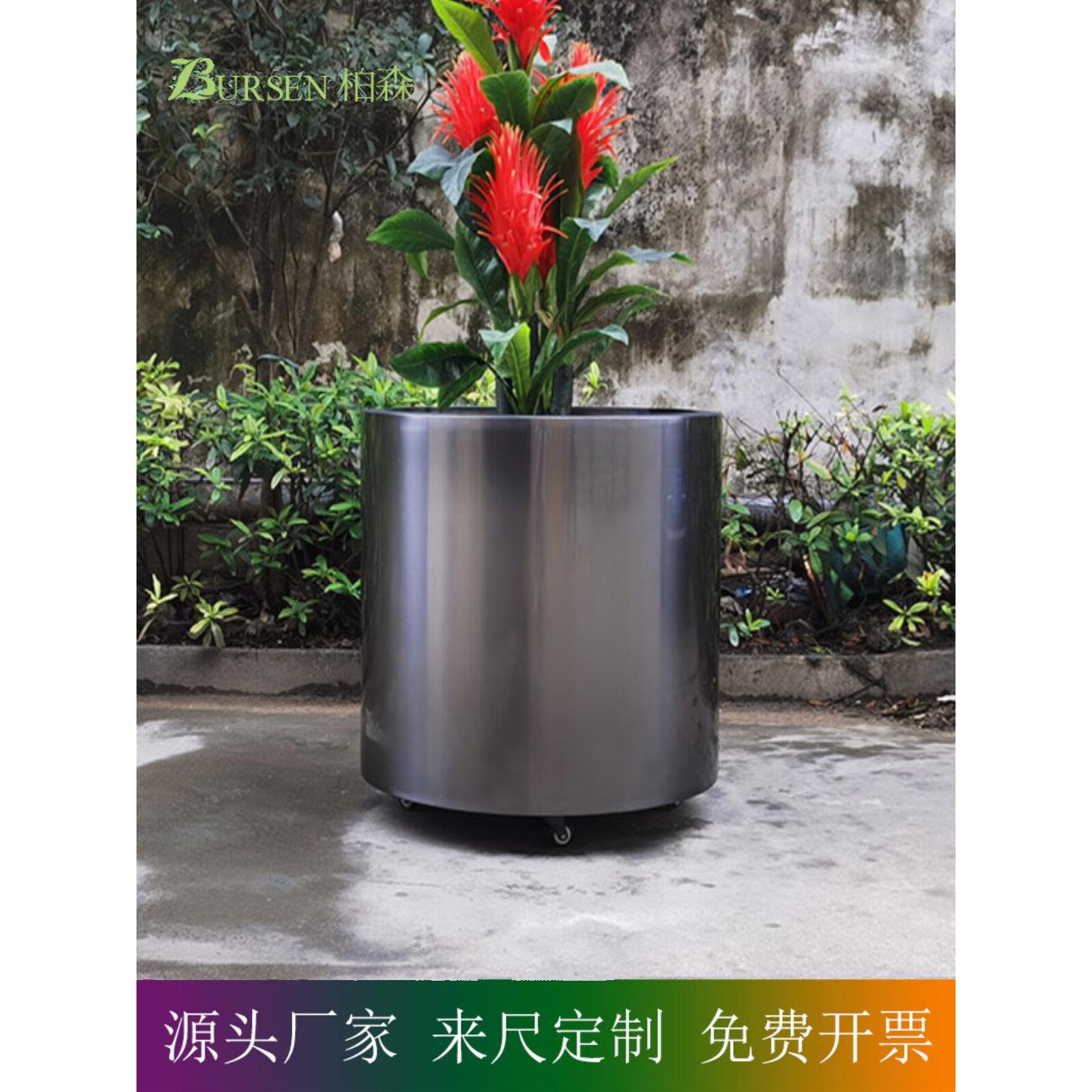 304圆形不锈钢花盆 金属花瓶 落地花器 移动套盆 钛黑种植桶 滚轮