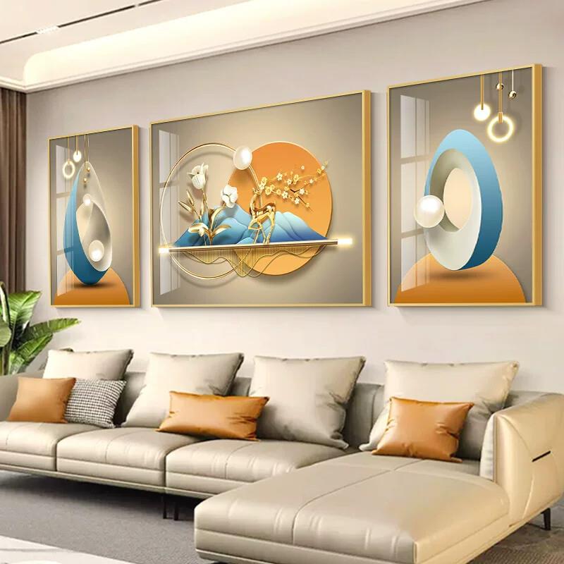 轻奢现代客厅装饰画几何抽象沙发背景墙挂画高级感新款墙画三联画