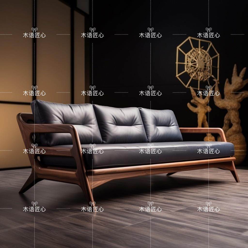 新中式沙发罗汉床北美黑胡桃木客厅实木沙发床简约乌金木现代皮艺