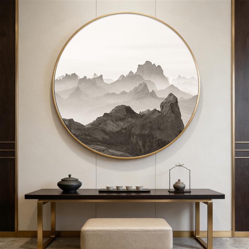 茶室装饰画圆形山水画新中式挂画玄关客厅背景墙壁画办公室靠山图