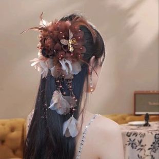 羽毛珠珠流苏抓夹发饰鲨鱼夹后脑勺发夹夸张款超仙汉服大号森系