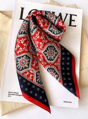 53×53真丝丝巾小方巾女时尚桑蚕丝丝巾春秋红色图腾韩国小领巾