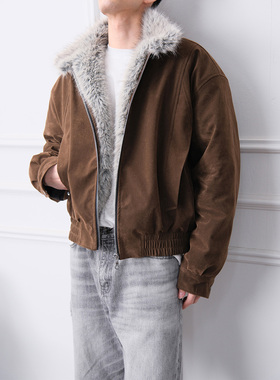 LIGRYD 冬季新款1500G狐狸毛座山雕哈林顿夹克麂皮绒皮毛一体外套