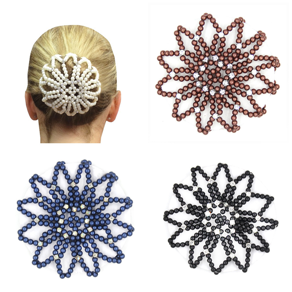 新款高弹力珍珠发网 舞蹈演出职业镶钻串珠发网女生盘发网兜发饰