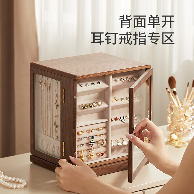 木质旋转首饰盒轻奢2025年新款项链耳钉手串大容量饰品收纳盒