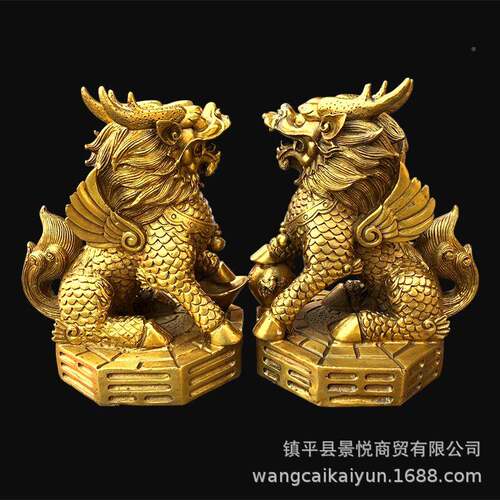 铜公麒麟件铜麒麟一摆对厅办室客桌装KDI饰工艺品