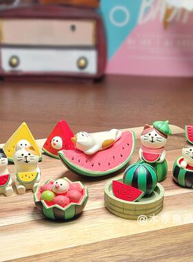 zakka日式杂货 夏日三毛猫水果系列西瓜天国桌面 装饰 治愈摆件