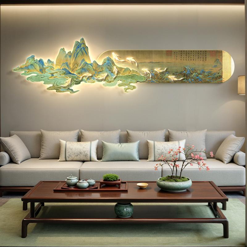 千里江山客厅挂画九鱼图新中式沙发背景墙装饰画大气山水画壁画灯