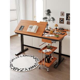 实木电动升降桌樱桃木带抽屉小户型可倾斜绘画学习书桌办公电脑桌