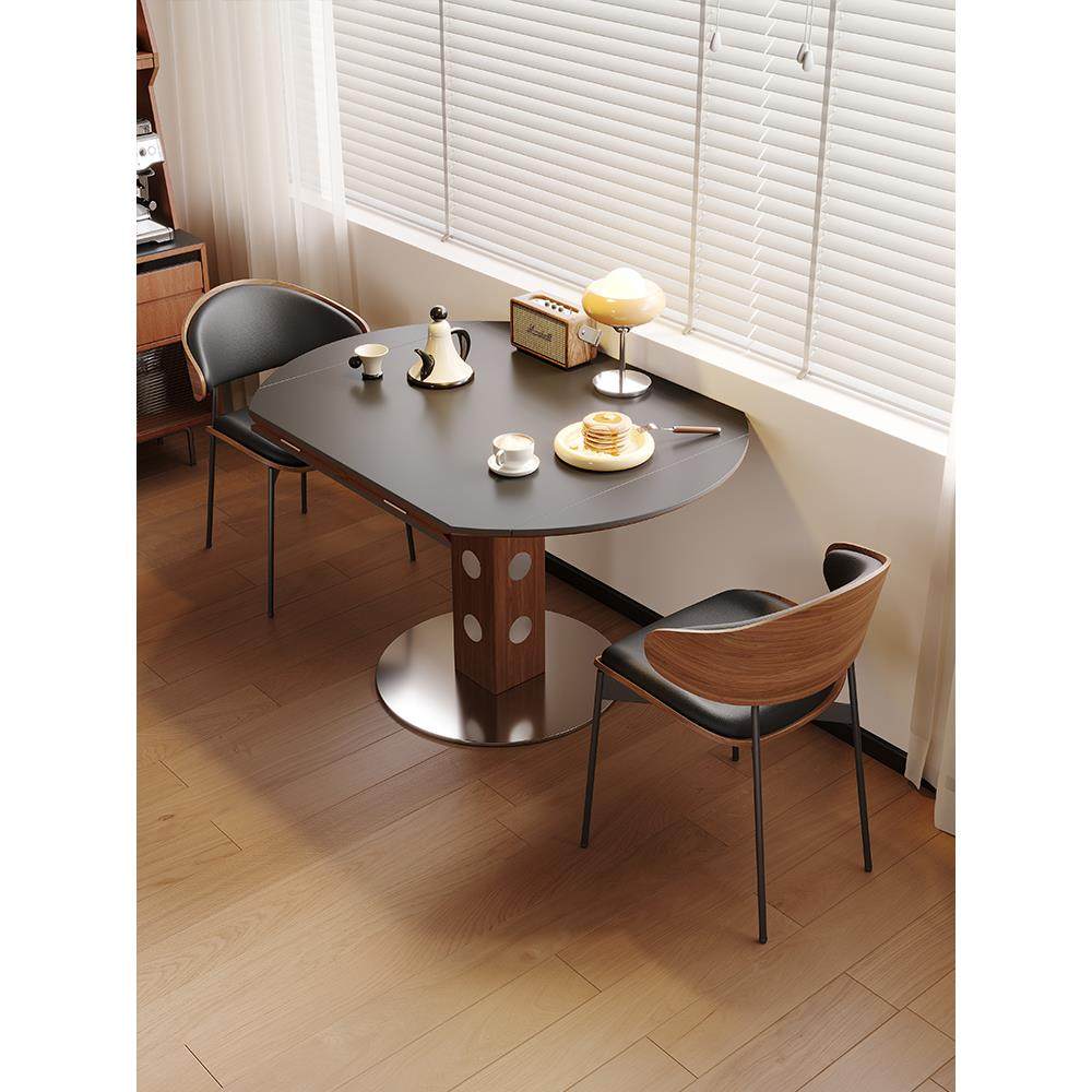 中古风实木岩板餐桌椅组合家用小户型折叠可伸缩方圆两用可变圆桌