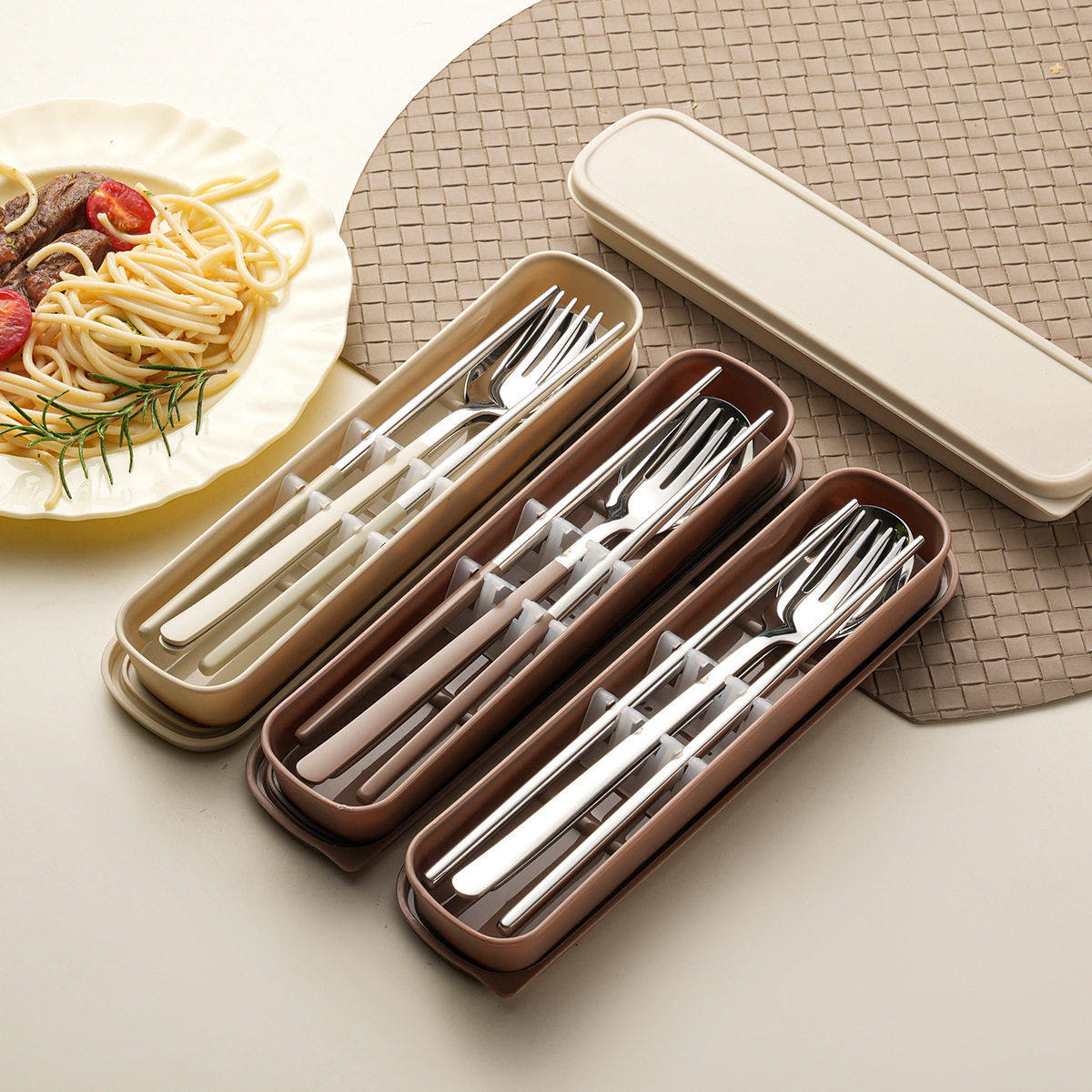 日式304不锈钢筷勺套装奶油风便携餐具收纳盒学生勺叉筷三件套,餐饮具,餐具笼/架,淘宝优惠券,粉丝福利购,淘宝优惠卷