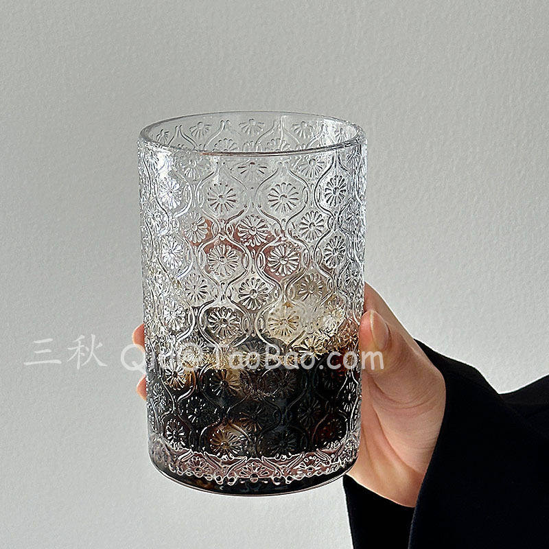 三秋Sanq复古轻奢浮雕大容量玻璃杯夏季喝水杯咖啡杯冷饮杯果汁杯,餐饮具,玻璃杯,淘宝优惠券,粉丝福利购,淘宝优惠卷