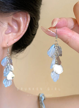 超仙蓝色花瓣贝壳流苏耳环海边度假风耳钉巨好看独特漂亮耳坠耳饰