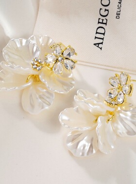 锆石花朵贝壳花瓣耳针女耳钉甜美清新耳环女士轻奢高级感耳饰品女