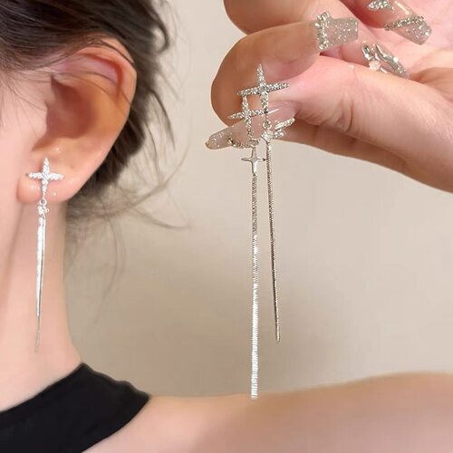 不规则十字星星锆石流苏耳钉女长款时尚气质耳坠耳环轻奢2026耳饰