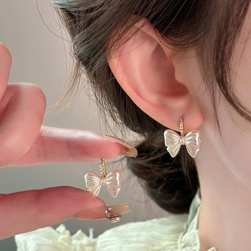 时尚蝴蝶结珍珠耳环女耳钉爆款耳钩设计轻奢高级感方圆脸耳饰品女