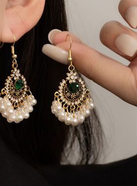 少数民族风珍珠流苏耳钩波西米亚耳坠镶钻花朵耳环女耳钉轻奢耳饰