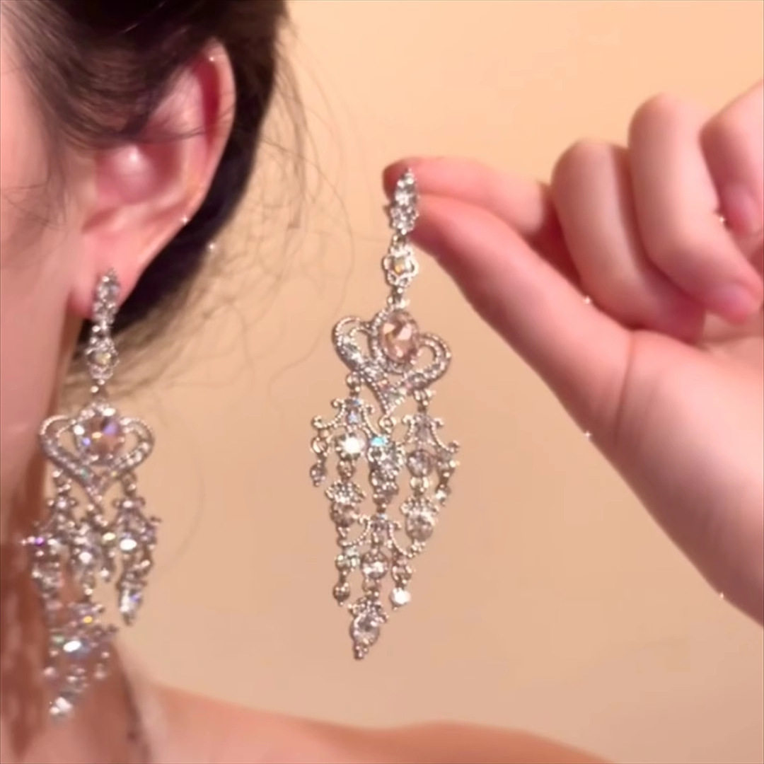 新款复古巴洛克粉色水晶爱心流苏耳坠女长款气质甜美耳针女耳饰品