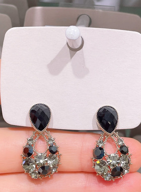 法式黑色锆石水滴耳环小香风气质轻奢高级感宴会耳钉精致水钻耳饰
