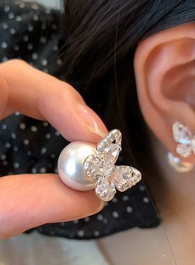 新款两戴蝴蝶珍珠耳钉女气质独特耳环轻奢高级感时尚百搭耳饰品女