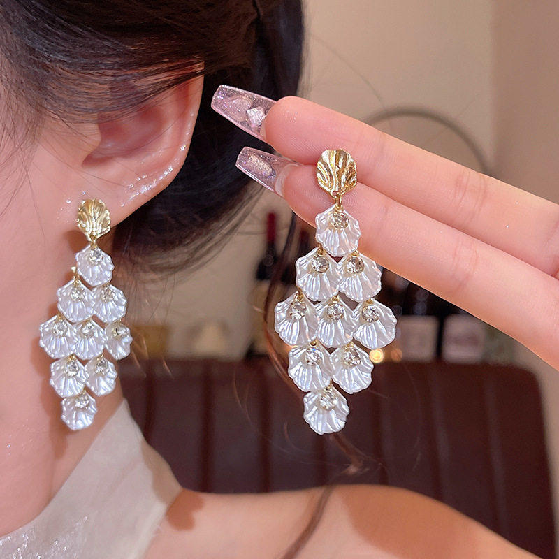 2026超仙海边亚克力贝壳流苏长款度假风沙滩珍珠耳饰耳钉耳环耳坠