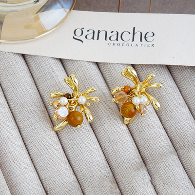 金色扭纹珍珠花朵耳钉女超好看独特漂亮耳饰2026新款爆款秋冬耳环