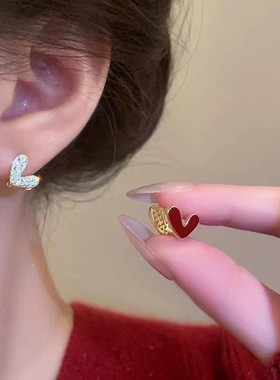 红色微镶双面爱心耳扣小众轻奢高级感耳夹2025新款气质百搭耳饰女