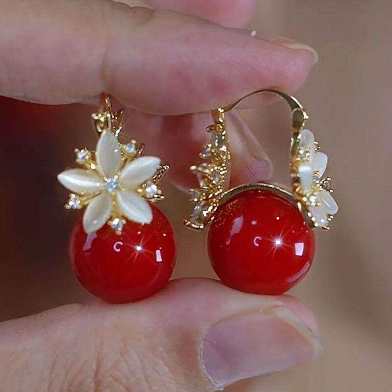 红色猫眼石珍珠耳扣双面耳环花朵耳钉独特漂亮耳饰轻奢高级感耳坠