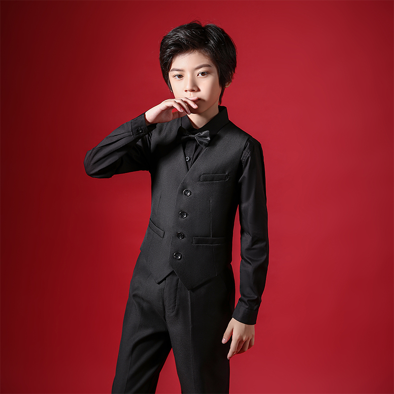 儿童西装马甲男童礼服黑色v英伦帅气花童演讲小主持人高端演出西