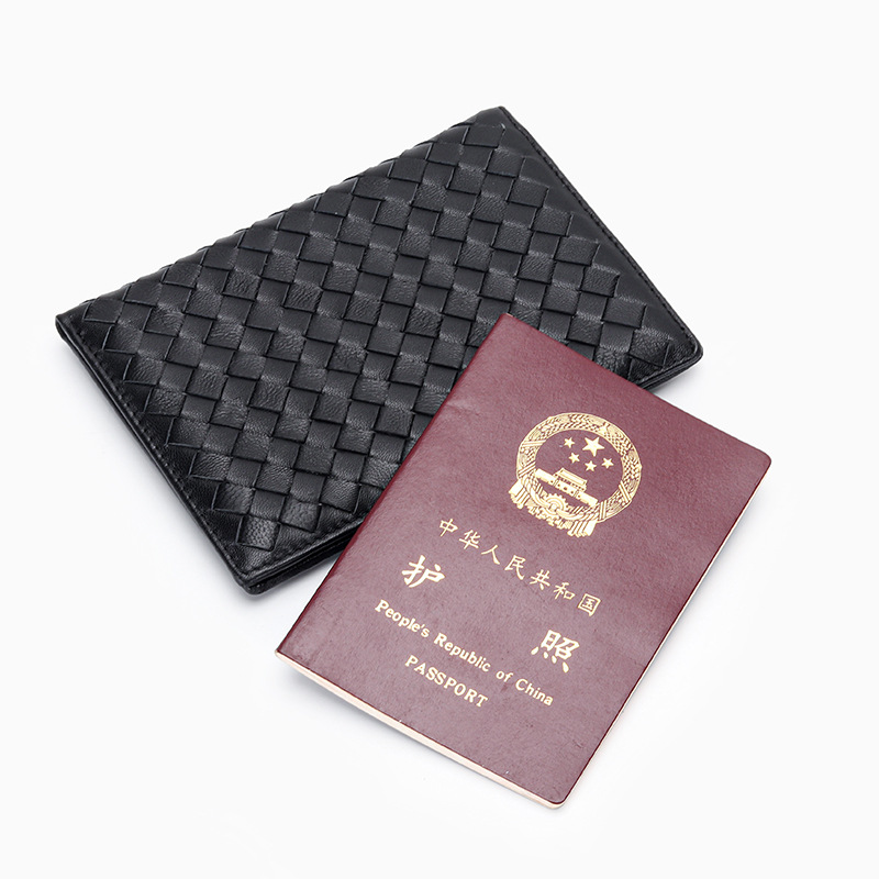 跨境欧美羊皮编织护照夹新款女士真皮多卡位证件包皮夹子竖款