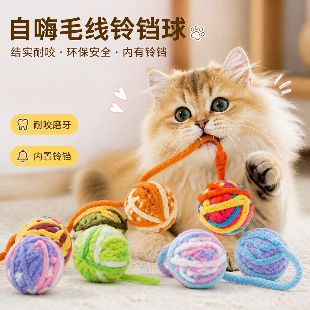 逗猫玩具球毛绒猫猫咪解闷耐咬磨牙好玩宠物猫有趣的铃铛球毛线球