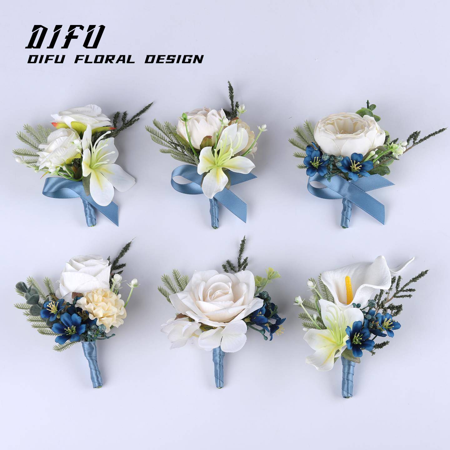 蓝白系清新唯美新郎新娘西式婚礼胸花商务嘉宾襟花伴娘姐妹手腕花