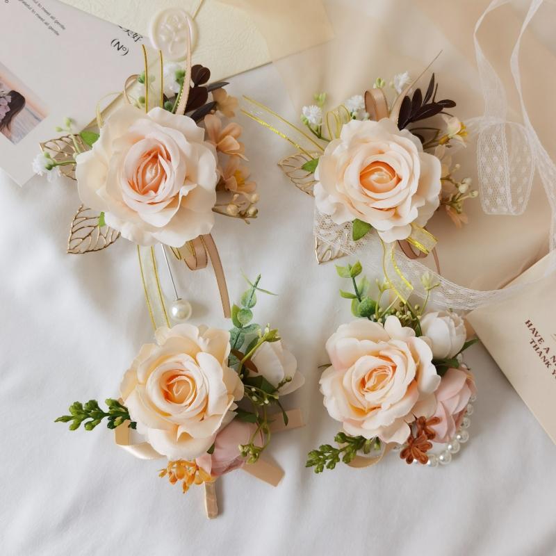 婚礼派对襟花香槟色玫瑰胸花手腕花 新郎新娘伴郎伴娘姐妹团拍摄