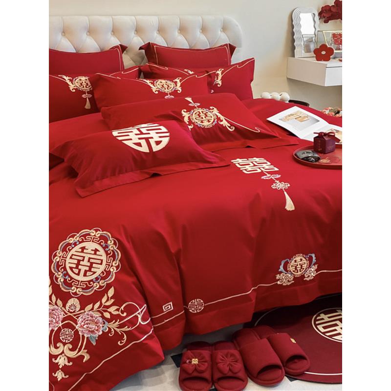 高档中式结婚四件套大红色婚庆纯棉被套婚房喜被新婚陪嫁床上用品