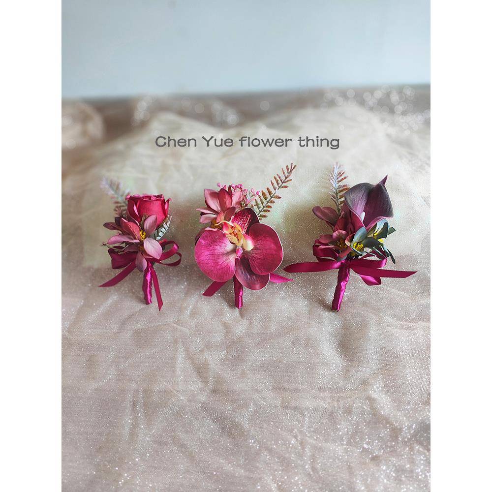 高品质婚礼胸花复古红蝴蝶兰紫马蹄莲新郎伴郎襟花新娘伴娘手腕花