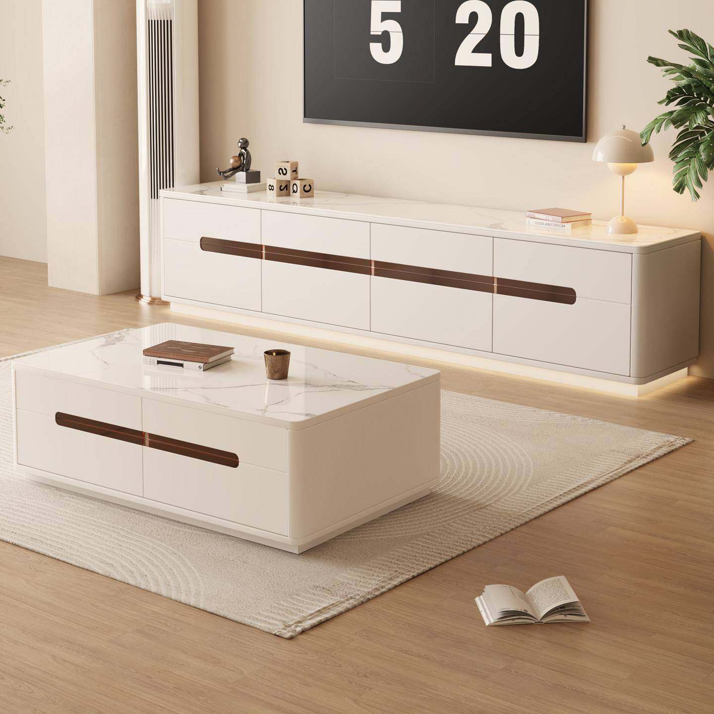 新款全实木岩板双层落地茶几电视柜组合现代简约小户型客厅奶油风